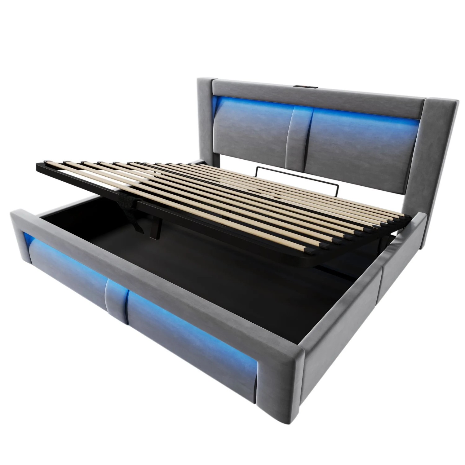 Merax Polsterbett 140x200cm Hydraulik LED USB-C Grau