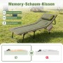 Grünes klappbares Campingbett mit Matratze, verstellbarer Rückenlehne und Memory-Schaum-Kissen auf Gras.