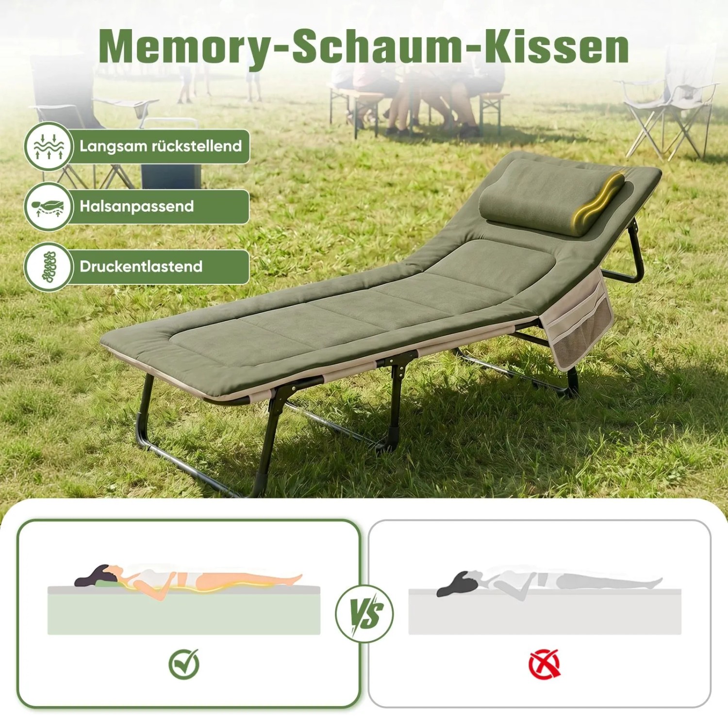 Grünes klappbares Campingbett mit Matratze, verstellbarer Rückenlehne und Memory-Schaum-Kissen auf Gras.