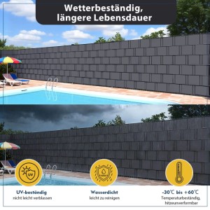 Anthrazitfarbene Sekey PVC Sichtschutzstreifen für Doppelstabmatten am Pool.