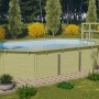 Karibu Holzpool X4 mit blauer Innenhülle und Edelstahlleiter im Garten.