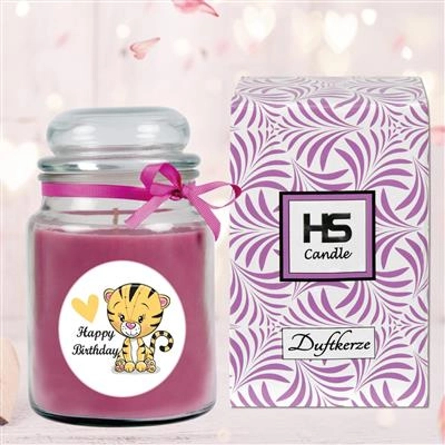 HS Candle Duftkerze Happy Birthday Bonbon Lavendel Tiger im Glas mit Geschenkverpackung.