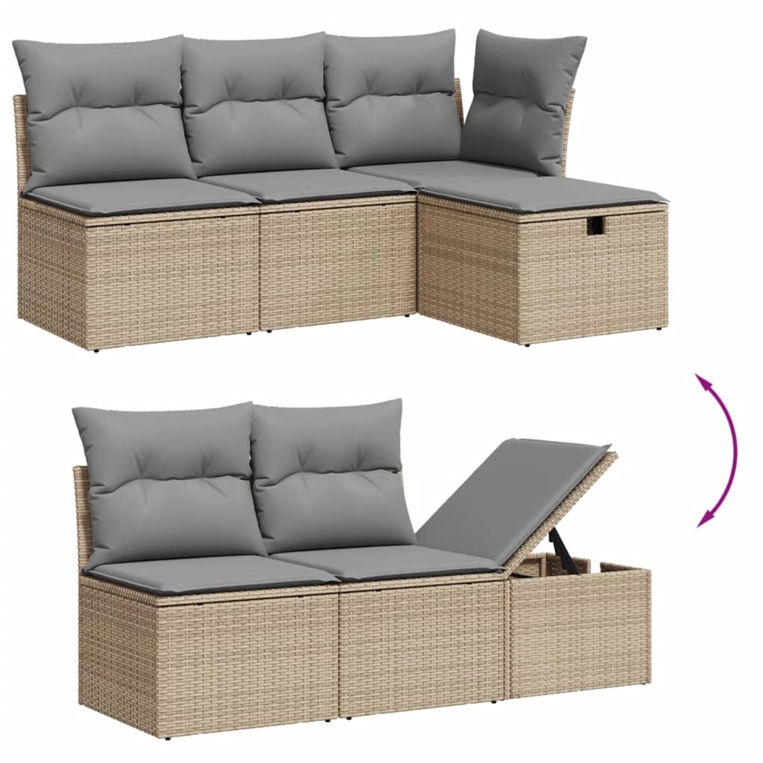 7-tlg. Garten-Sofagarnitur aus Rattan in Beige mit grauen Kissen und Stauraum.