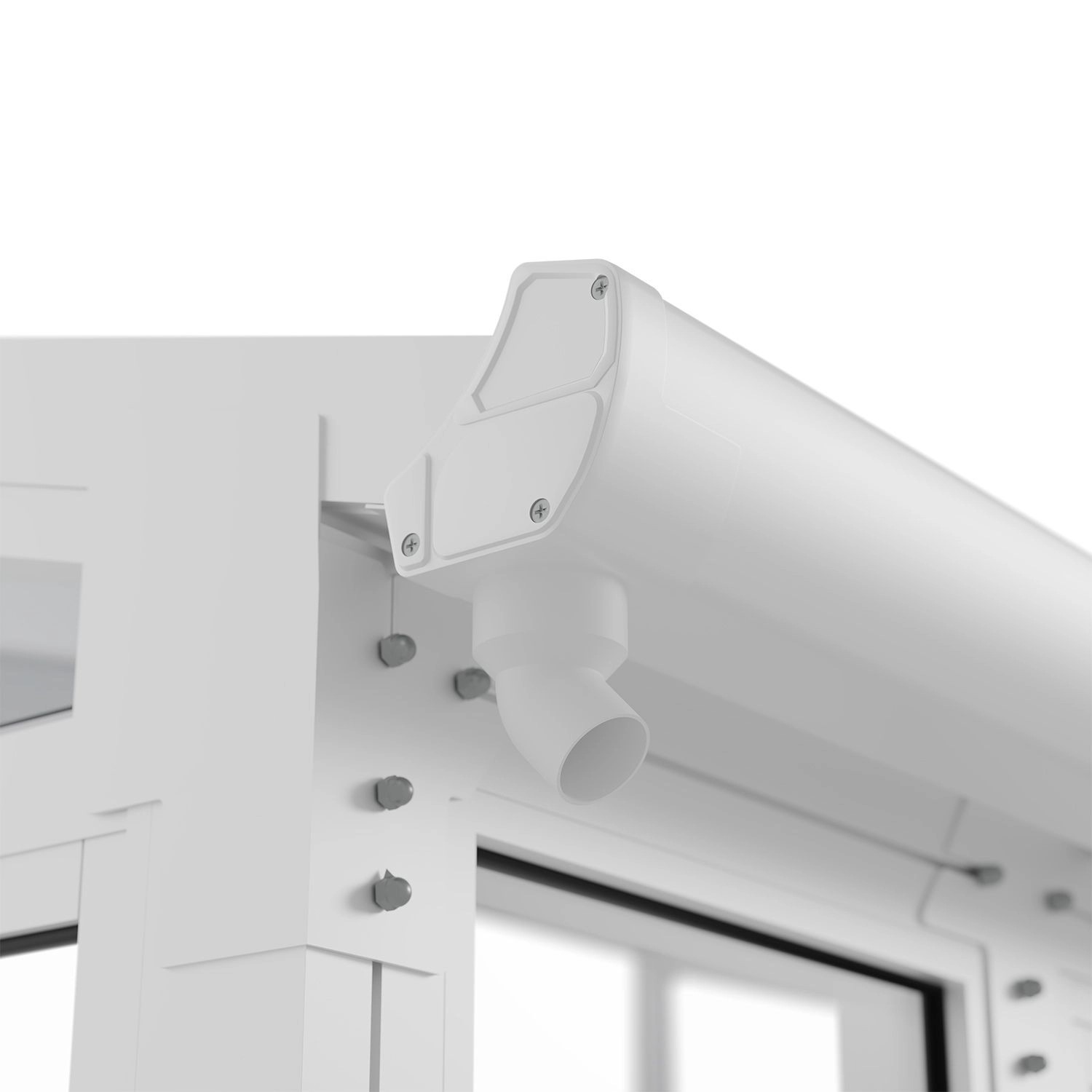 Detailaufnahme Wintergarten: Weiße Regenrinne und Ablaufrohr am Aluminiumrahmen.