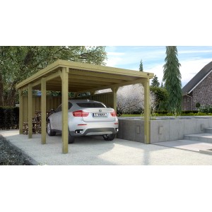 Weka Flachdach-Carport 617 Gr.2 mit PVC-Dachplatten und Auto. Einzelcarport aus Holz mit Flachdach.
