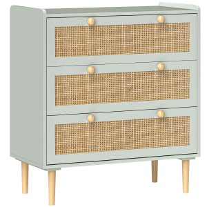 HOMCOM Kommode in Hellgrün mit drei Schubladen und Rattan-Fronten.
