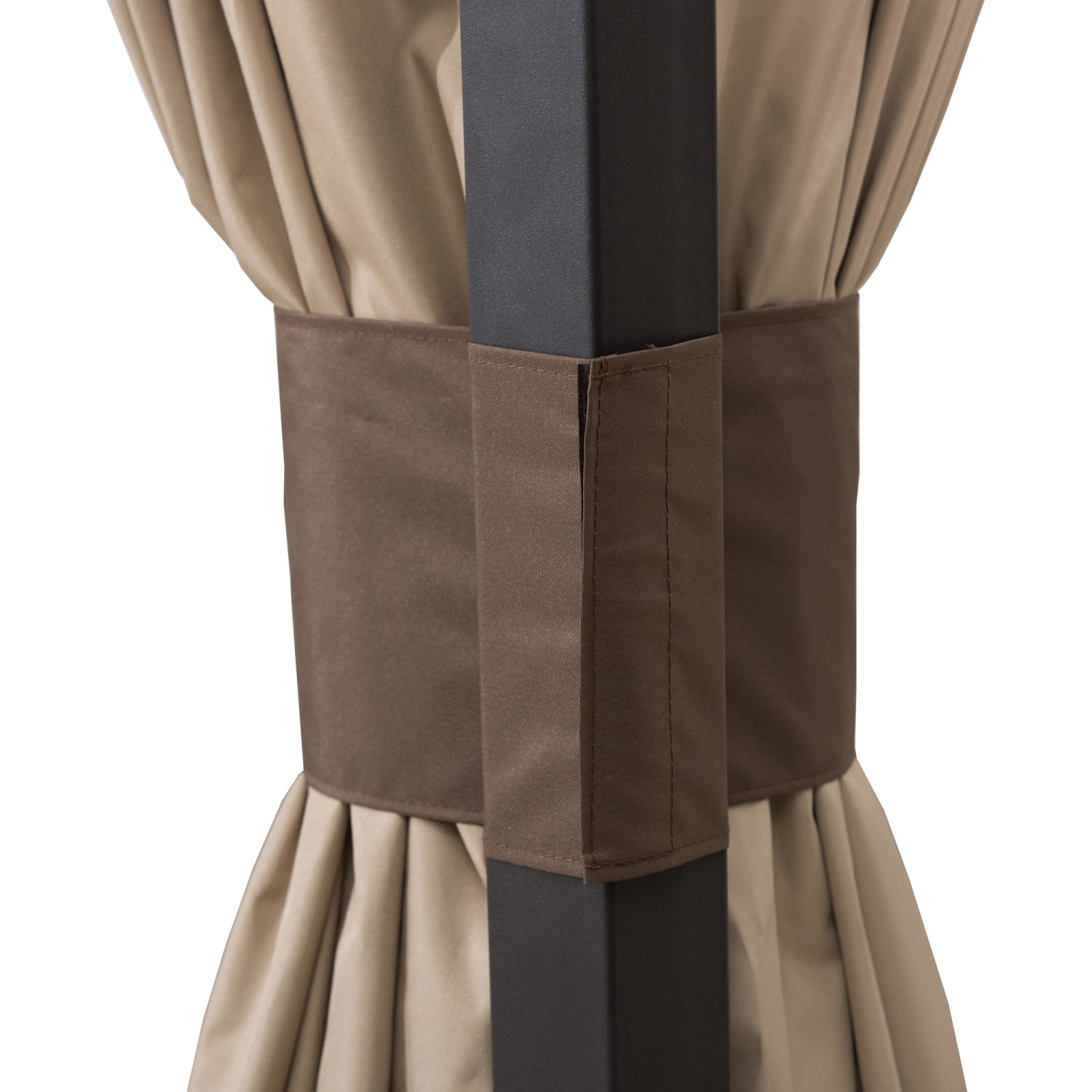 Detailaufnahme: Brauner Sunjoy Gazebo Ropi Stoff und schwarzer Stahlrahmen.