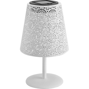 Weiße Solar-Tischleuchte mit Blumenmuster, Ø 12 cm. Dekorative Gartenleuchte mit LED.