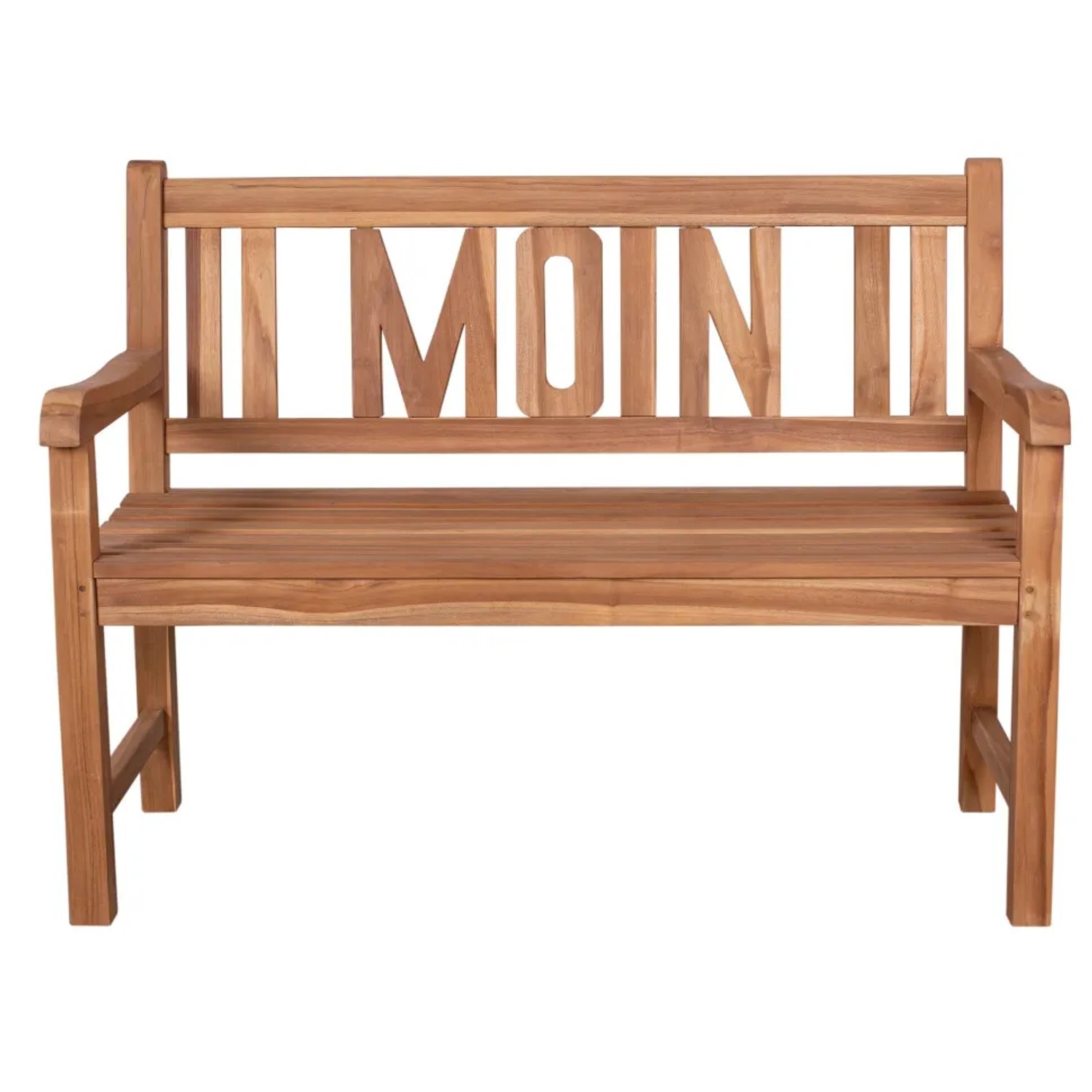 GarWoh Gartenbank Moin aus Teakholz, 120 cm breit. Gartenmöbel mit "Moin" Schriftzug im Rückenteil.