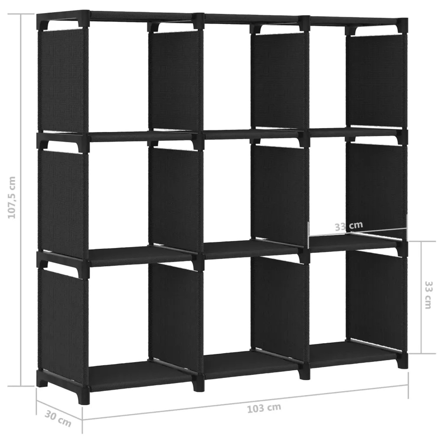 Schwarzes VidaXL Würfelregal mit 9 Fächern aus Stoff, 103x30x107,5 cm. Wandregal zur Aufbewahrung.