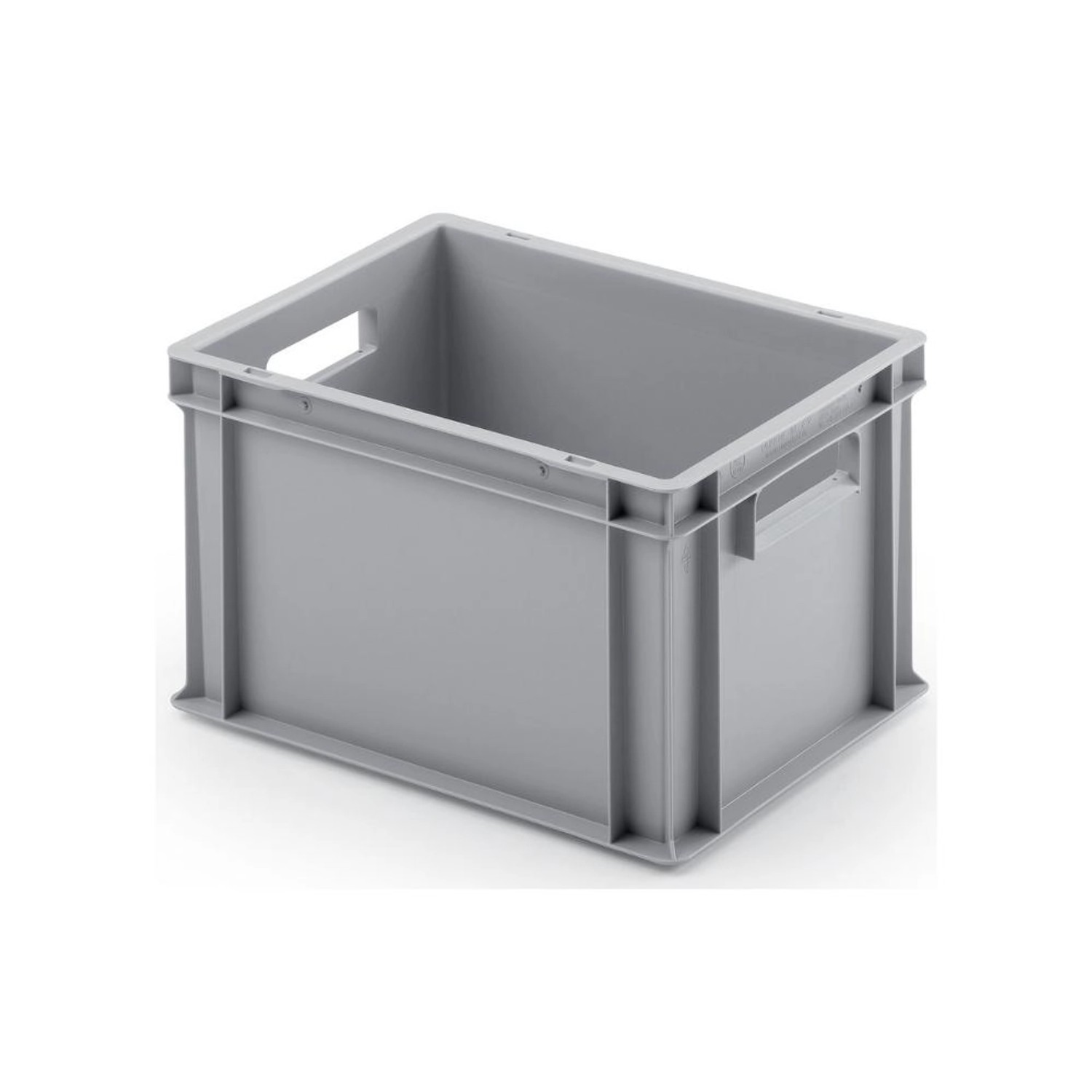 Graue Eurobox (22 Liter) mit offenem Griff, ideal als Transport- und Stapelbehälter.