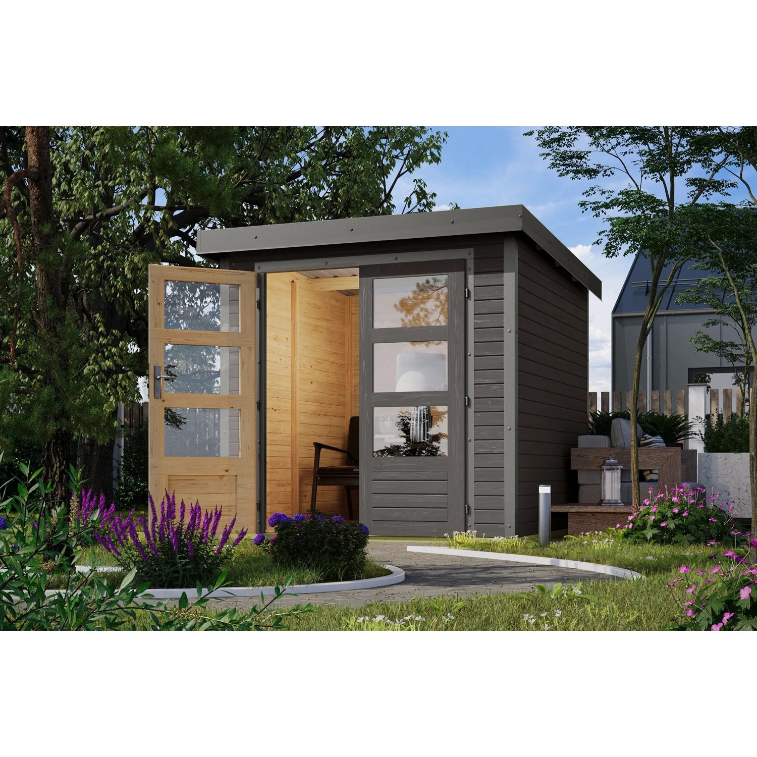 Karibu Holz-Gartenhaus Gartenhaus Pultdach Lackiert 209 cm x 213 cm 4,47 m²