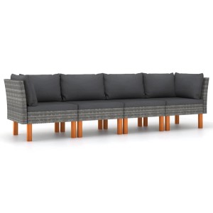 Graues 4-Sitzer Gartensofa aus Rattan mit anthrazitfarbenen Kissen. Gartenmöbel für entspannte Stunden.