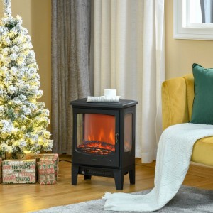 Schwarzer HOMCOM Elektrokamin aus Stahl/ABS mit realistischer Flamme, Glasfront, in gemütlichem Wohnzimmer.