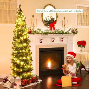 Schmaler, künstlicher Costway Weihnachtsbaum, 180 cm hoch, mit goldenen Kugeln und Lichtern im Wohnzimmer.