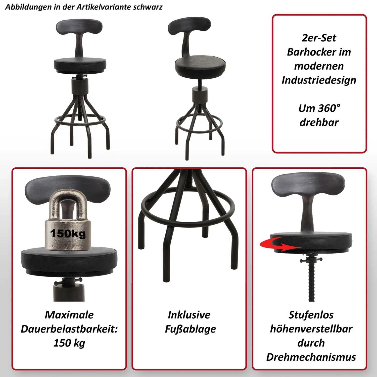 2er Set Barhocker N22 Schwarz im Industrie Design, drehbar und höhenverstellbar mit Fußablage.