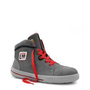 Elten Vintage Mid ESD S3 Sicherheitsschnürstiefel Gr. 44 aus grauem Leder mit roten Schnürsenkeln.