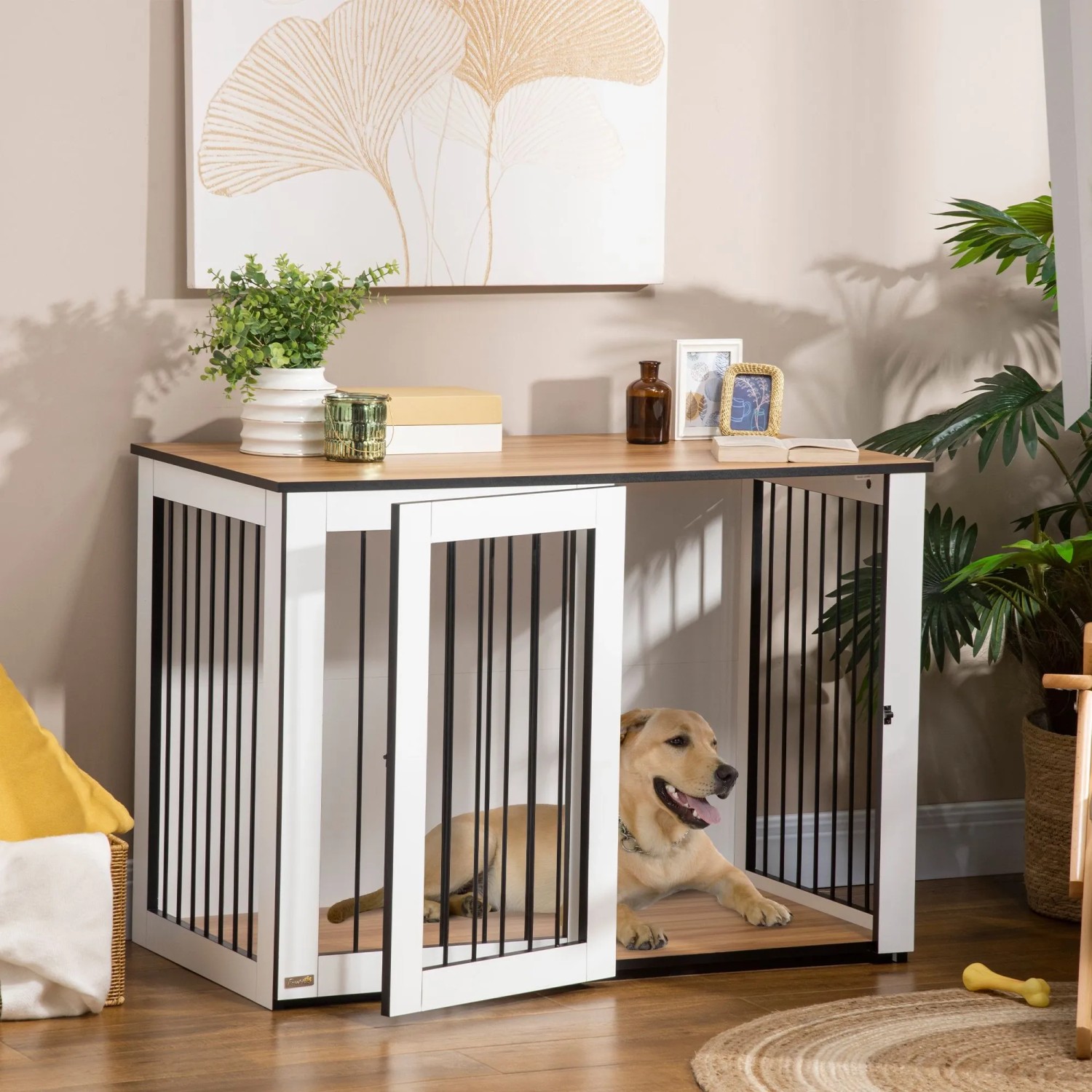 PawHut Hundekäfig Hundebox Innen Dunkelwalnuss Weiß 106 x 60 x 76 cm_2
