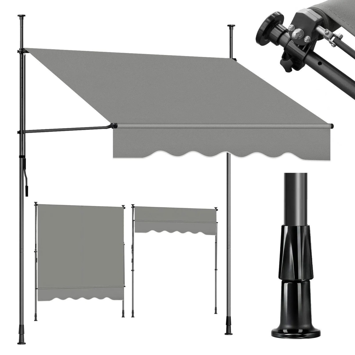 Sekey Klemmmarkise für Balkon mit Kurbel ohne Bohren Sonnenschutz UV-beständig Balkonmarkise 300 x 130 cm Hellgrau