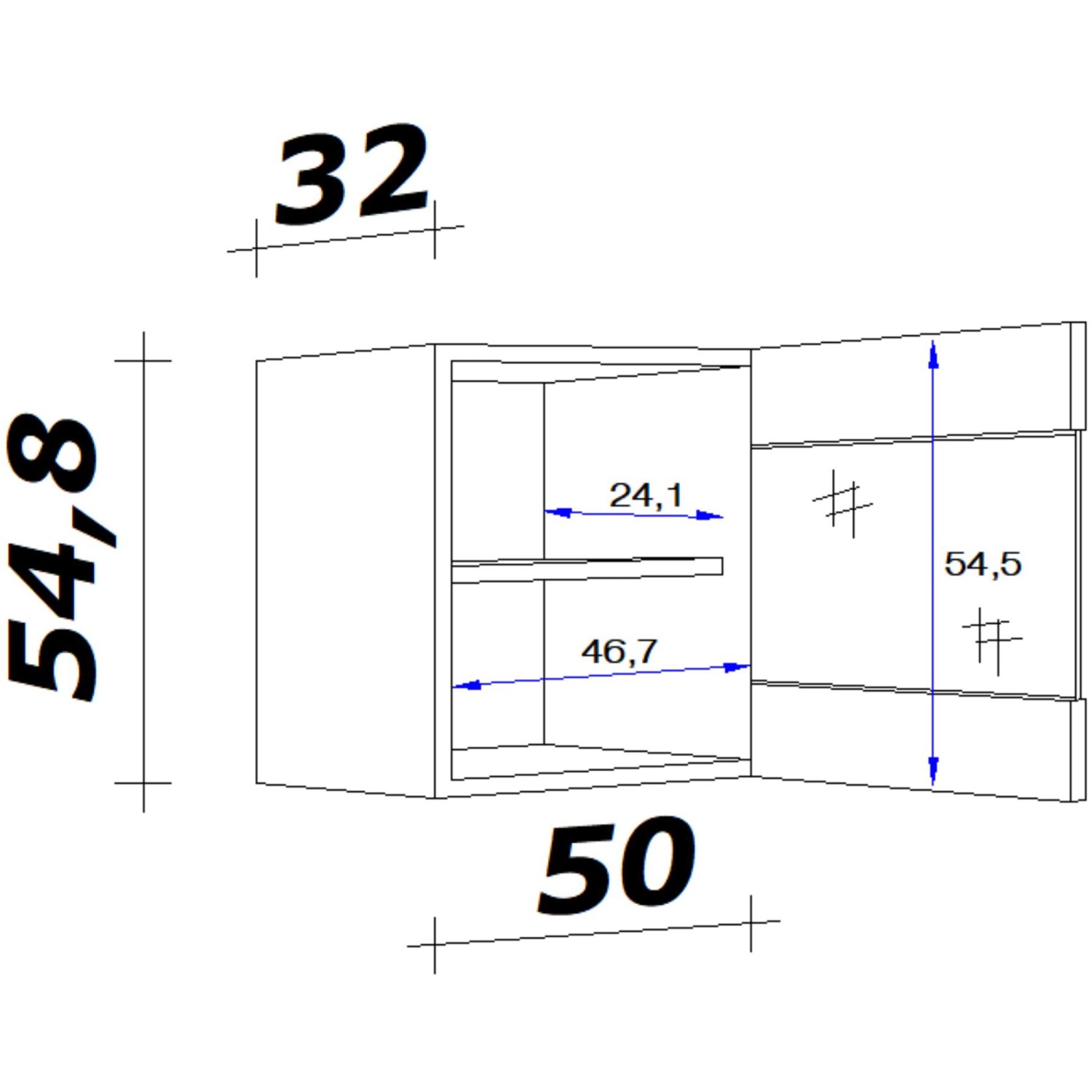 Technische Zeichnung: Flex-Well Glas-Hängeschrank Cara, 50x55 cm, Artisan Eiche/Milchglas, Maße