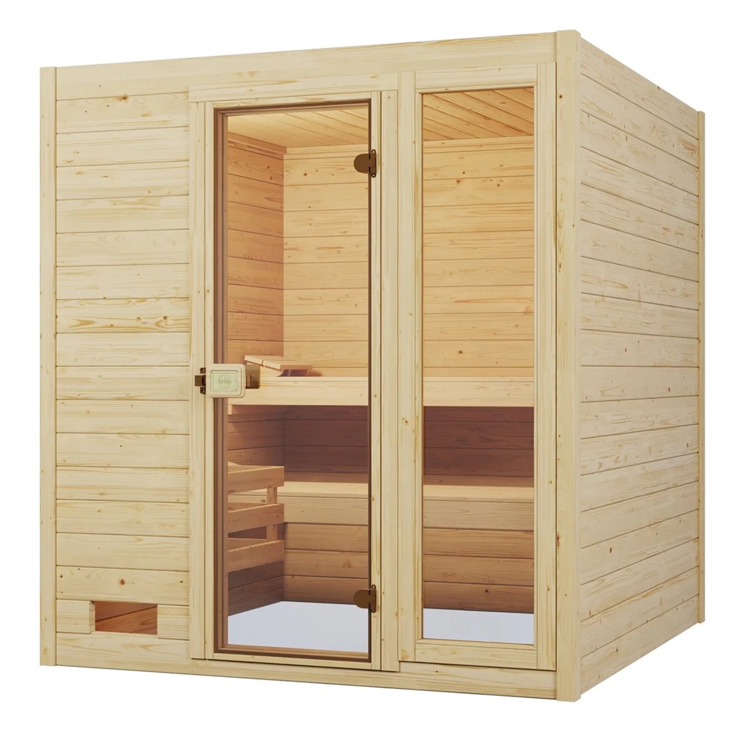 Weka Massivholzsauna Valida mit Glastür und Fenster, 9 kW Ofen, Saunaleuchtenset.