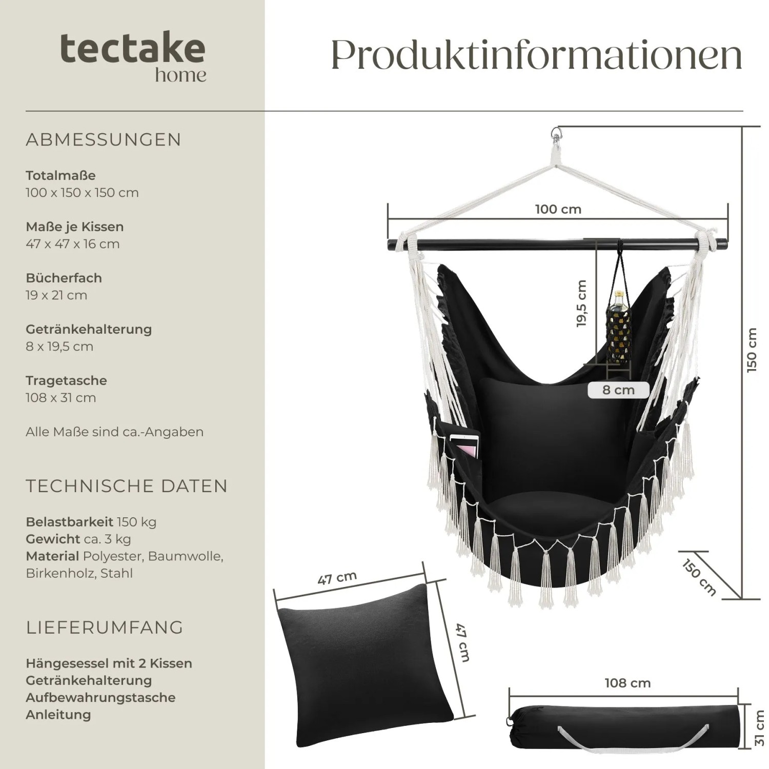 Schwarzer Tectake Hängesessel Malika mit Kissen, Bücherfach und Getränkehalter.