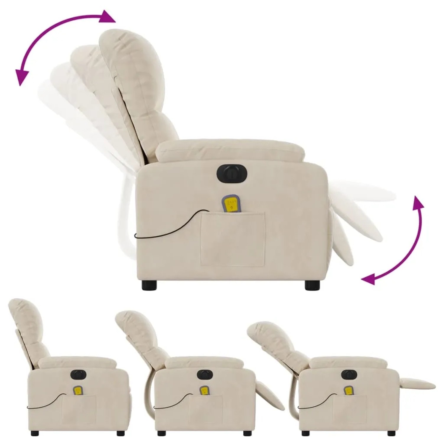 Beiger elektrischer Massagesessel aus Mikrofaser mit verstellbarer Rückenlehne und Fußstütze.