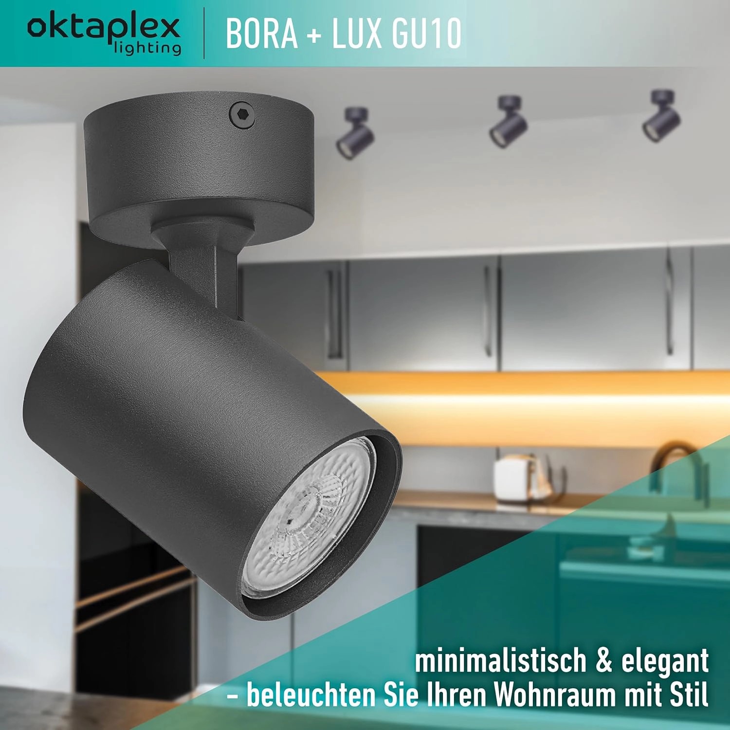 Schwarzer, dimmbarer Oktaplex Bora LED Deckenstrahler, 1-flammig, schwenkbar.