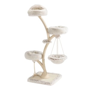 Beiger Fudajo Designer Kratzbaum mit Hängeliege, drei Plüsch-Ebenen und Sisal-Kratzstamm für Katzen.