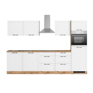 Küchenzeile Kempten 300 cm in Weiß/Wotan mit E-Geräten (Induktion)