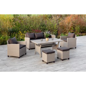 Merxx Gartenmöbel-Set Striano, 6-teilig: Sitzgruppe mit Tisch, Bank, Sesseln und Hockern aus Polyrattan.