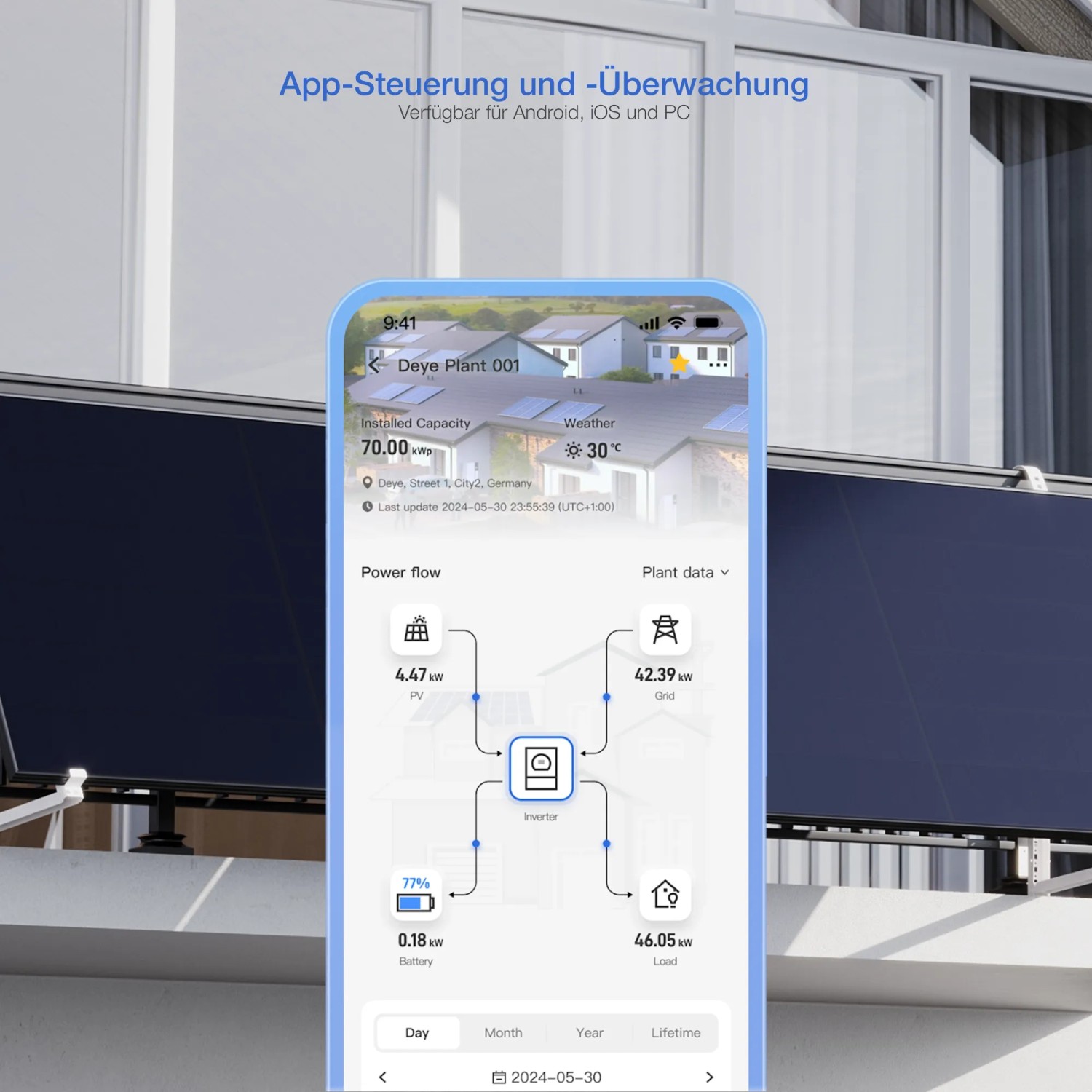 Vale Balkonkraftwerk mit App-Steuerung und Solarmodulen. Überwachung von Energiefluss und Ertrag.