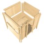 Karibu Sauna Sanna 3 aus Fichte mit Ofen und integrierter Sitzbank, naturbelassen.