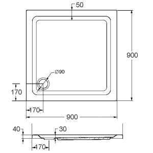 Technische Zeichnung: Ottofond Duschwanne Extraflach Quadratisch, 90x90 cm, Maße und Details.