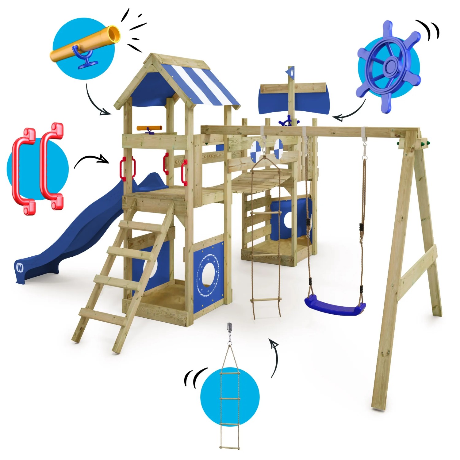 Wickey Spielturm StormFlyer mit Rutsche in Pastellblau, mit Schaukel, Kletterwand und Sandkasten.