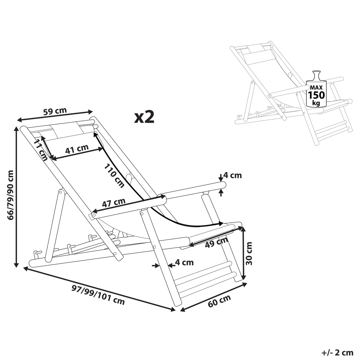 Beliani Gartenliege, helles Holz, weiß, mit Maßen. Klappbare Holzliege für Garten und Balkon.