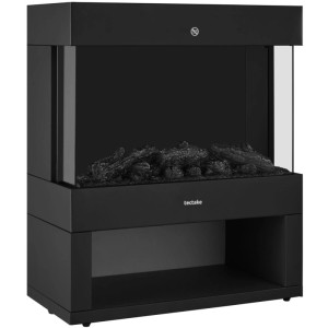 Schwarzer Tectake Elektrokamin Leora mit Holznachbildung und 3D-Flammeneffekt.
