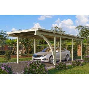 Karibu Einzelcarport Eco aus Holz mit Auto. Stabiler Unterstand mit PVC-Dachplatten.