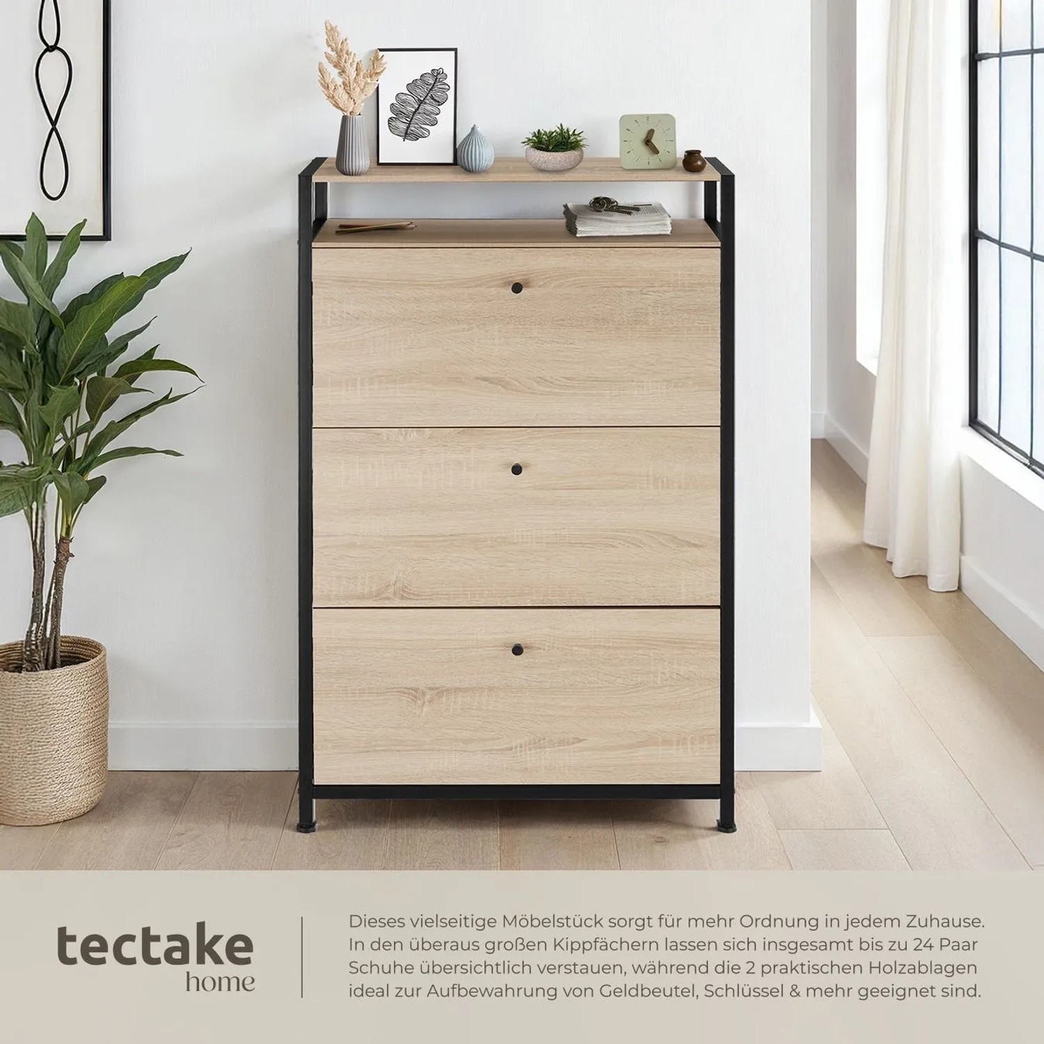 Tectake Schuhschrank im Industrial Style mit drei Kippfächern und zwei Ablagen in Holz und Stahl.
