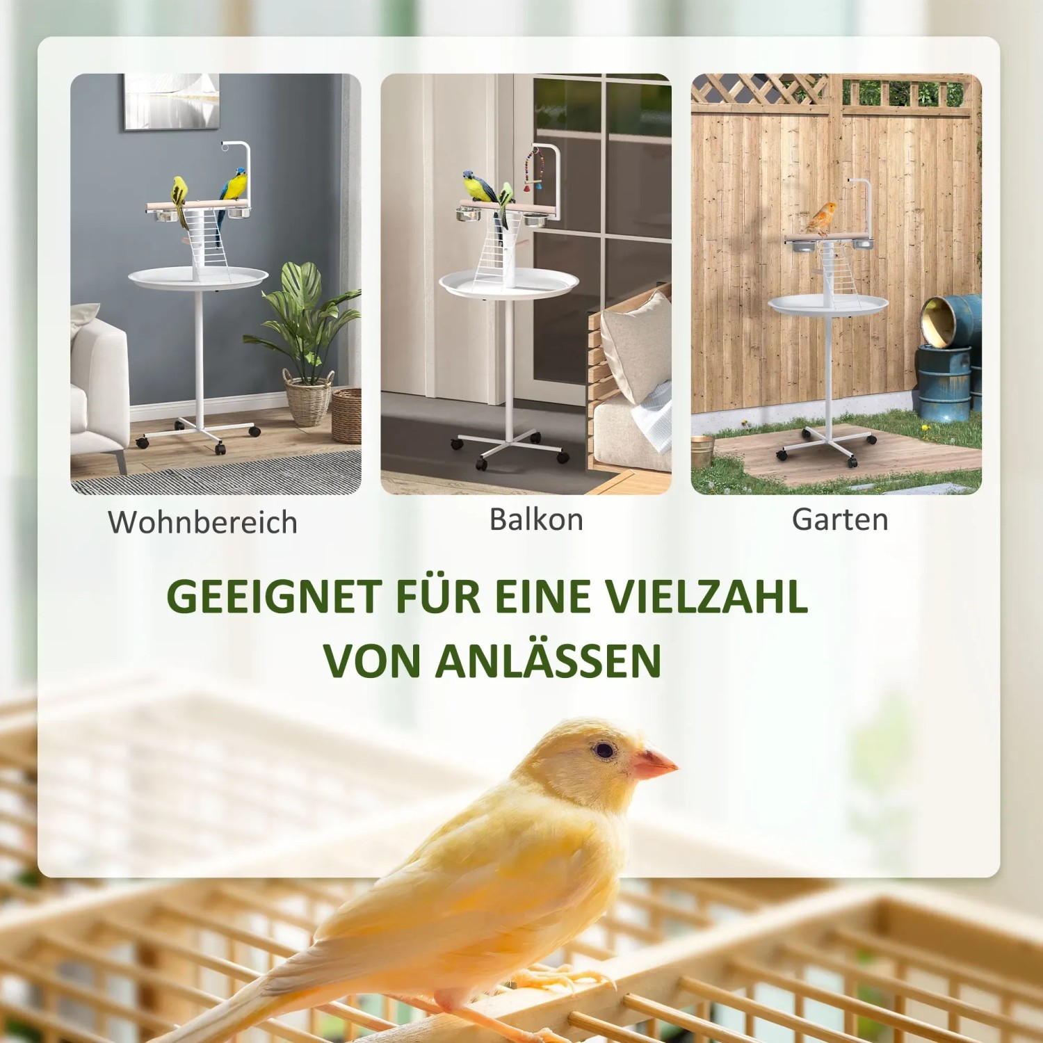 PawHut Vogel Spielplatz mit Futterstation und Rädern für Wohnbereich, Balkon und Garten.