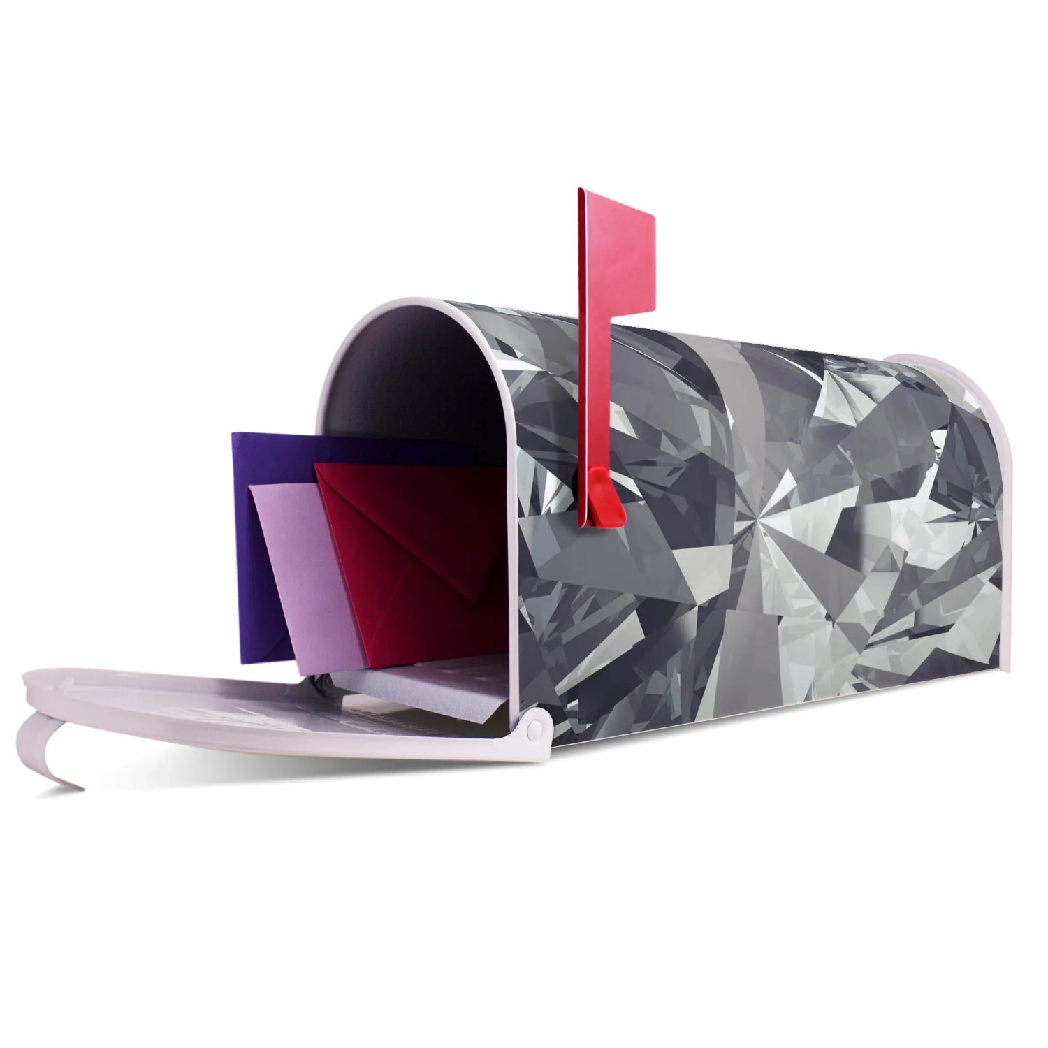 Weißer Banjado US Briefkasten mit Facetten-Motiv, geöffnet mit Briefen und roter Fahne.