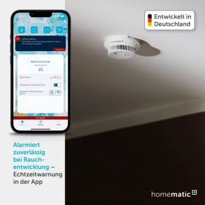 Homematic IP Starter Set Rauchwarnmelder mit App-Steuerung und Rauchmelder an der Decke.