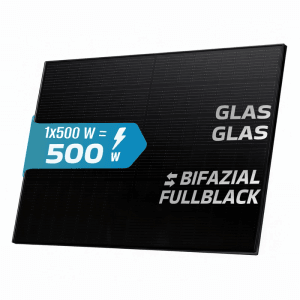 Schwarzes SUNNIVA Solarmodul, 500 W, bifazial, Glas-Glas Bauweise für Solaranlagen.