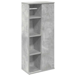 Badezimmerschrank Betongrau mit Rollenhalter, offenen Fächern und Tür. Holzwerkstoff, 39x22x90 cm.