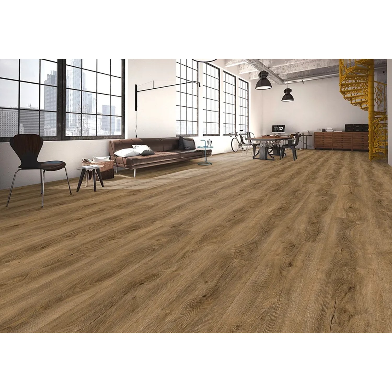 Verlegter Click-Vinylboden Eiche Chalet im Wohnraum mit Holzoptik und integrierter Trittschalldämmung.