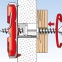Illustration: Fischer Duotec Kippdübel 10 S mit Schraube in Wand und Holz. Dübel aus der Kategorie Dübel.