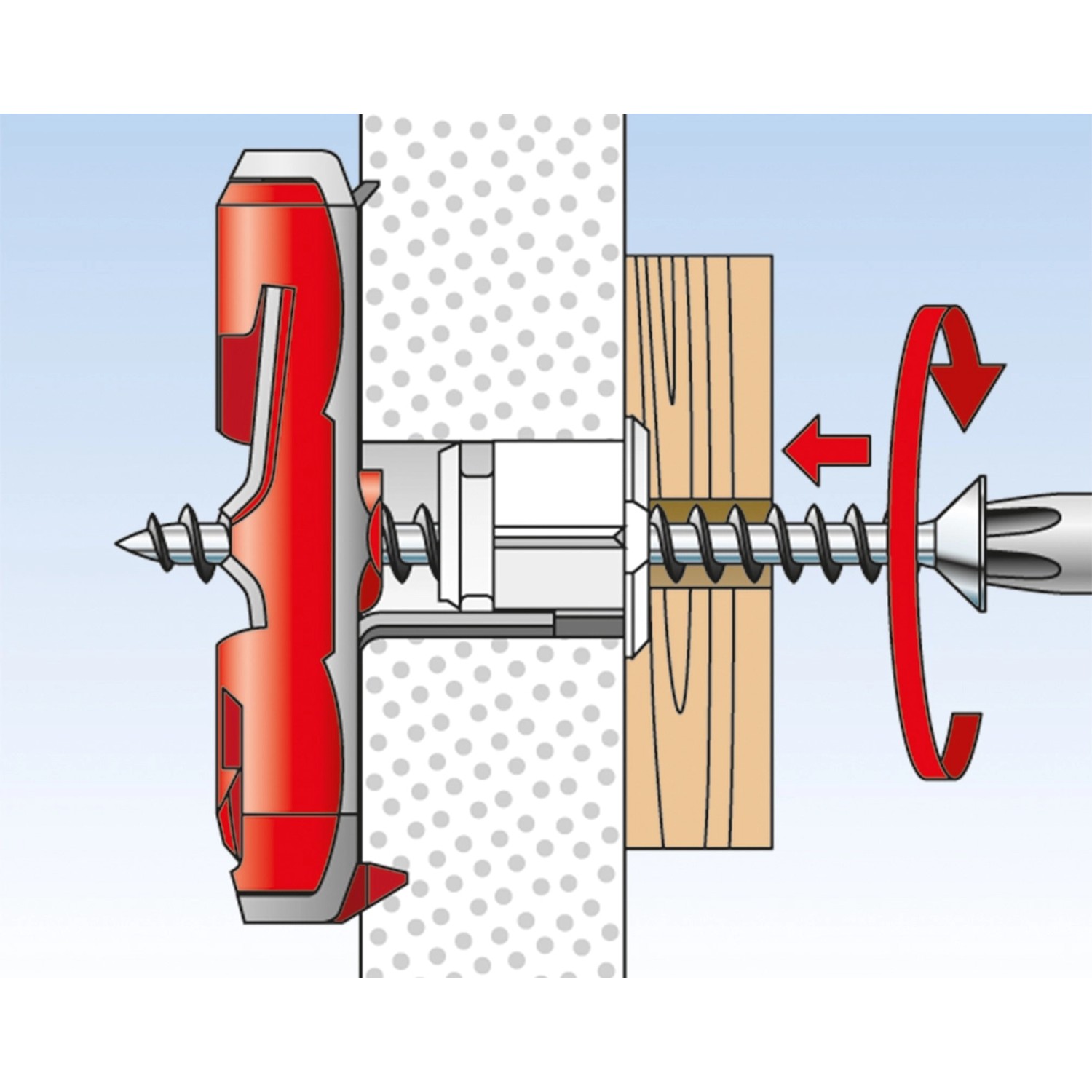 Illustration: Fischer Duotec Kippdübel 10 S mit Schraube in Wand und Holz. Dübel aus der Kategorie Dübel.