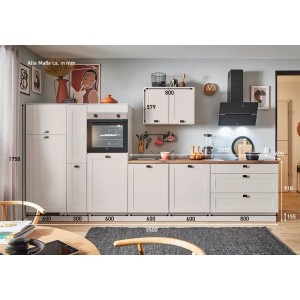 Moderne pino Küchenzeile, 350cm, Kaschmirgrau matt, mit Geräten, Apothekerschrank und Maßen.