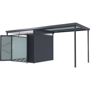 Pergart Gerätehaus Rheinfelden 108 mit Schleppdach, anthrazit, mit geöffneten Türen.
