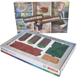 Bosch DIY Handschleif-Set Projekt-Box, 15-teilig, verschiedene Schleifmittel in Box.